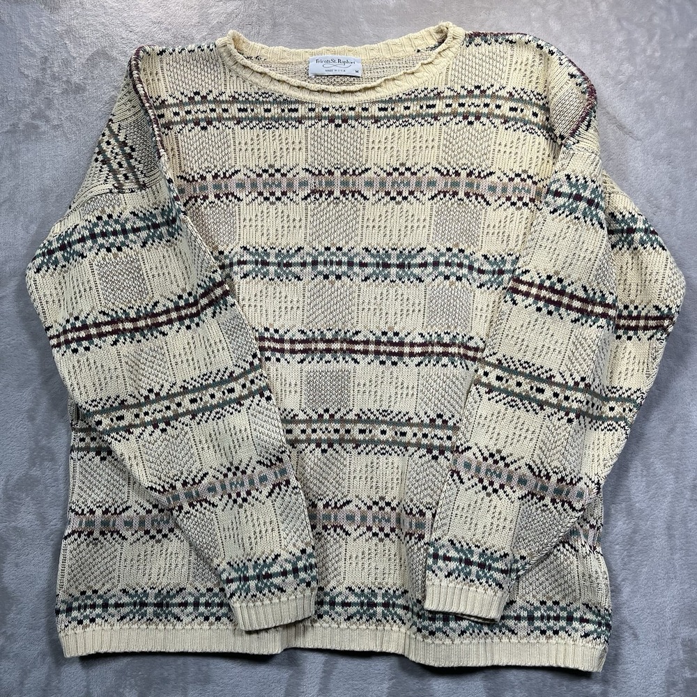 Vintage Tricots St Raphael Sweater Womens M Geometric *STAIN*Cotton Crewneck USA